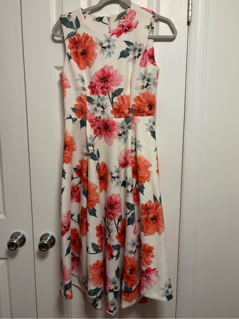 Floral Sleeveless Fit & Flare Dress in Cream with Pink & Orange Blooms